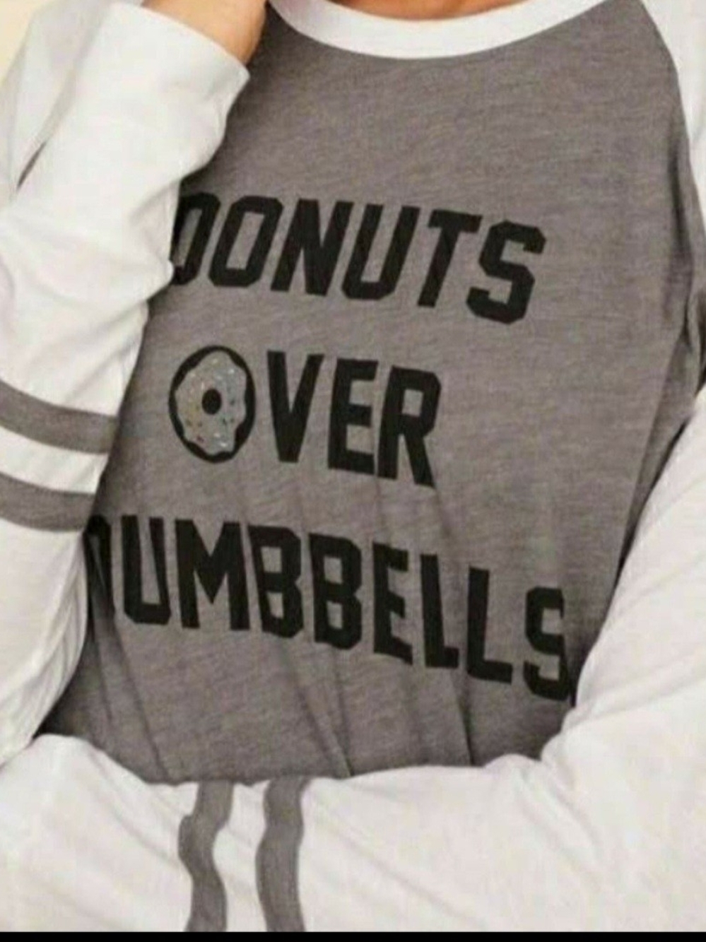 Hollister Raglan Tee - "Donuts Over Dumbbells" - Gray & White